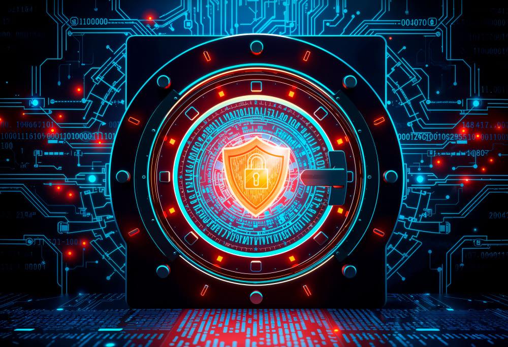 Cybersecurity illustration of a high-tech safe with a glowing shield and lock, surrounded by circuit-board patterns.